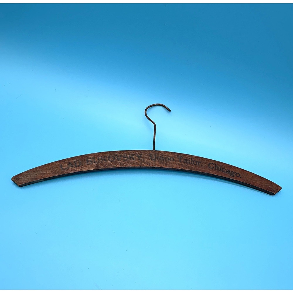 Vintage Wood Hanger Lad Bukovsky Union Tailor Chicago IL Advertising Antique